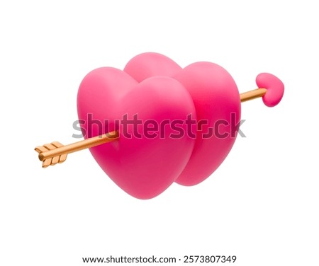 Two 3D pink hearts with golden arrow love icon. Two realistic vector balloon hearts piercing cupid arrow. Cute symbol of love, romantic concept, loving couple relationship element isolated on white