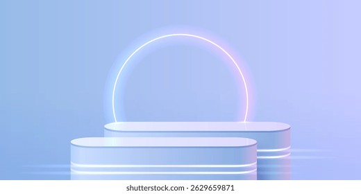 Two 3D podiums with a glowing circle behind them in purple and blue tones.