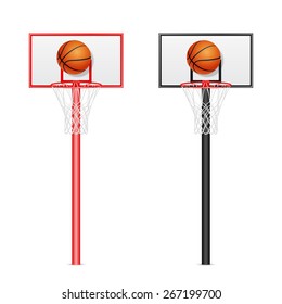 Dos tableros de baloncesto realistas en 3D - rojos y negros - con bolas voladoras aisladas en fondo blanco. Ilustración del vector EPS10.  