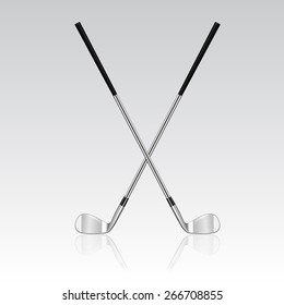 Two 3d realistic crossed golf clubs with reflection. Vector EPS10 illustration. 