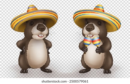 Two 3d realistic cute cartoon capybaras dressed in a vibrant sombrero and holding maracas on transparent background. Three dimensional South American animals, capibaras, in traditional Mexican hat