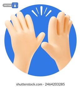 Two 3d realistic hands friendly clapping. High five or give me five gesture. Greetings symbol, concept of friendship, togetherness, success communication, good teamwork, agreement. Vector illustration