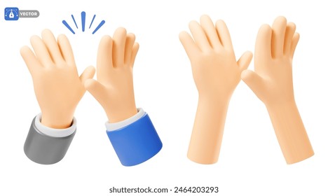 Two 3d realistic hands friendly clapping. High five or give me five gesture. Greetings symbol, concept of friendship, togetherness, success communication, good teamwork, agreement. Vector illustration