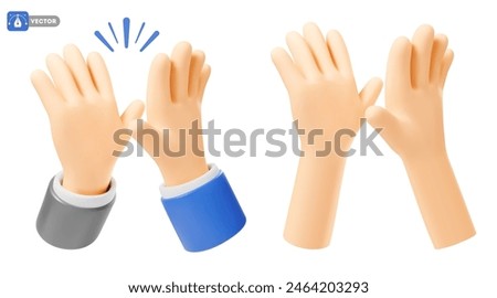 Two 3d realistic hands friendly clapping. High five or give me five gesture. Greetings symbol, concept of friendship, togetherness, success communication, good teamwork, agreement. Vector illustration