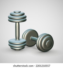 Two 3D realistic metallic dumbbells on light background. Heavy weight accessories for physical exercise and fitness. Healthy lifestyle concept: dumbbell for individual sports. Vector illustration