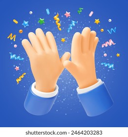 Two 3d realistic vector hands friendly clapping with confetti on blue background. High five, give me five gesture. Concept of friendship, togetherness, success communication, good teamwork, agreement