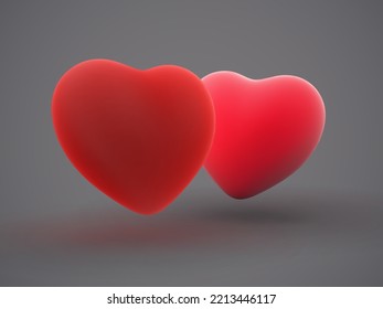 Zwei 3D-rote Herzen auf grauem Hintergrund. Konzept der Liebe, der Ehe oder romantischer Beziehungen. Herzen formen roten Ballon. Glückliche Valentiner oder Hochzeitsgrußkarte. Vektorgrafik.