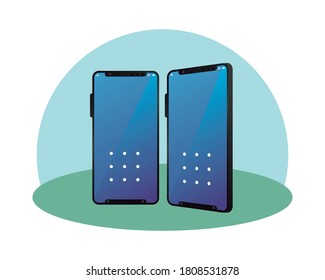 two 3d smartphones with blue wallpaper design, Cellphone mobile digital and phone theme Vector illustration