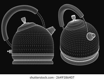 Dois modelos de bule 3D com detalhes intrincados e texturas suaves ficam em um plano de fundo preto elegante, destacando seu design elegante. A superfície reflexiva melhora a estética moderna