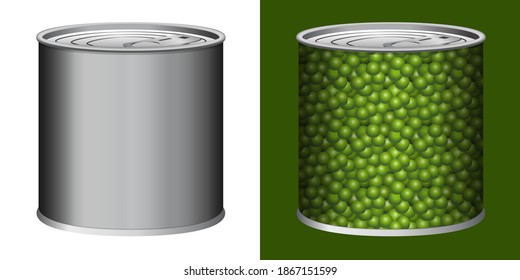 Two 3D vector illustrations - 1 raw tin can and 1 can with a peasy label to represent what is inside.
