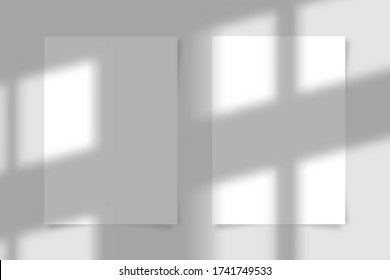Two A4 paper sheet with transparent overlay shadow from the window and jalousie. Photo-realistic illustration. Minimalist scene mockup. Vector.