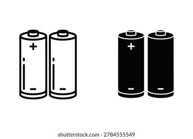 Two AA batteries are shown side-by-side in both a line drawing and a solid black silhouette. Each battery has positive and negative markings.