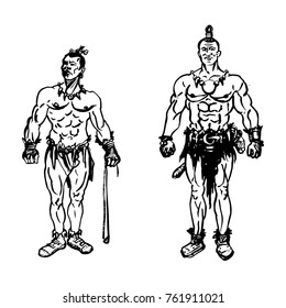 Two aborigines with arms. Cro-Magnon, ancient man svg