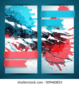 Two abstract artistic isolated banner set with sloppy strokes of paint drops and colored ribbons vector illustration
