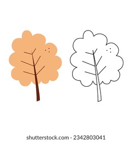 Two abstract autumn trees. Black and white and color clip art vector illustration.