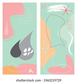 Two abstract background, set. Hand drawn various doodle sun, drop shapes and objects. Contemporary modern trendy vector illustrations. Every background is isolated. Pastel colors