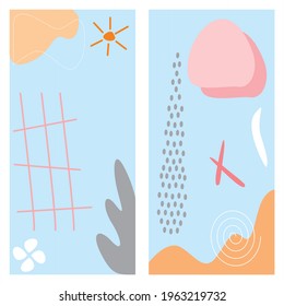 Two abstract background, set. Hand drawn various doodle sun, grid, dot shapes and objects. Contemporary modern trendy vector illustrations. Every background is isolated. Pastel colors