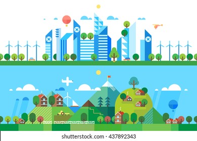 Two abstract backgrounds. Modern city. Pure nature.