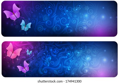Two abstract banners in dark colors with swirl background and butterflies