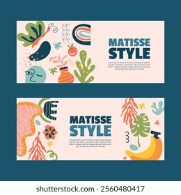 Two abstract banners inspired by Matisse's style, featuring colorful shapes, plants, and fruits. The design includes bold text and playful elements like a butterfly, vase, and banana.
