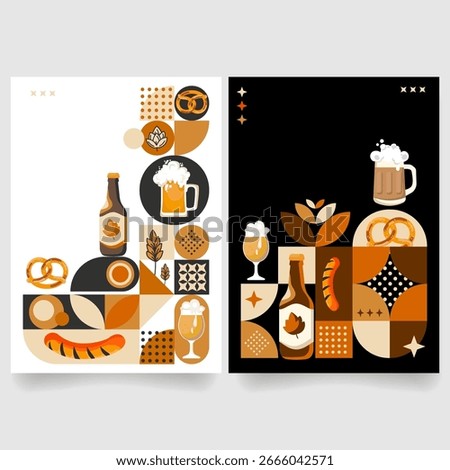 Two abstract Beer Fest poster designs with geometric layout with beer bottles, mugs, sausages, pretzels, wheat, and hop icons in warm tones for Oktoberfest, bar menus, brewery promotions. Vector