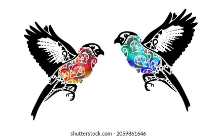 Zwei abstrakte Vögel in Liebe von Mustern. Vektorgrafik