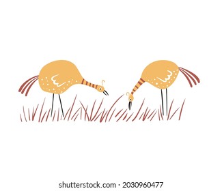 Dos pájaros abstractos en el prado. Gallinas ricas están buscando comida en el césped. Ilustración para niños. Ilustración plana vectorial.