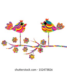 Two abstract birds on a branch