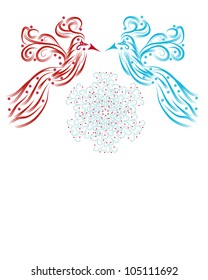 two abstract birds on a white background and a flower. Vector illustration