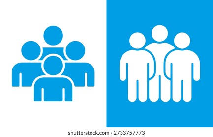 Two abstract blue and white icons depicting groups of people, symbolizing community and collective representation.