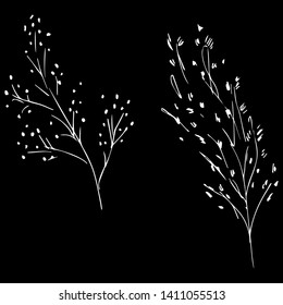 Two abstract branches with berries isolated on black background. Hand drawn vector illustration. Outline set
