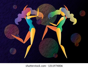 two abstract bright color dancing girls on a dark background