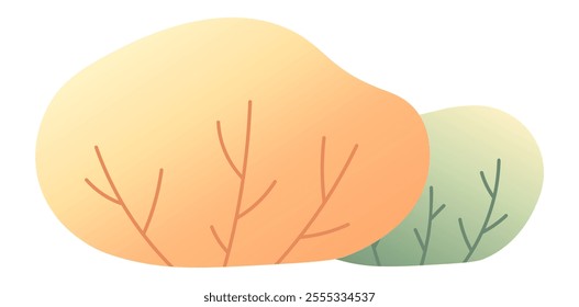 Two abstract bushes growing side by side, featuring branches adorned with soft gradient colors. This simple and stylized natural scene evokes a sense of tranquility and harmony