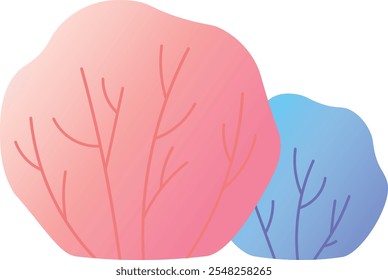 Dois arbustos abstratos, um rosa e um azul, ficam lado a lado, suas cores vibrantes criando um contraste impressionante contra um fundo branco limpo, oferecendo um visual simples, mas cativante