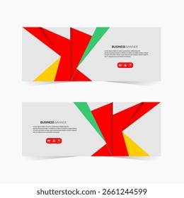 Two abstract business banners featuring geometric shapes in red, green, and yellow on a light gray background.