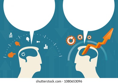 Two abstract business men generating ideas and sharing knowledge. Speech bubble for your text above. Concept illustration