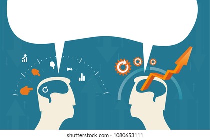 Two abstract businessmen generating ideas and sharing knowledge. Speech bubble for your text above. Concept illustration