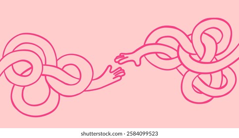 Two abstract cartoon twisted hands in vivid groovy style. Creative fashion concept design of care, communication. Funky vector illustration.