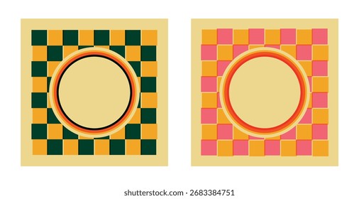 Two abstract checkered frames with risograph printing effect. Retro classic 80s. Isolated vector illustration.