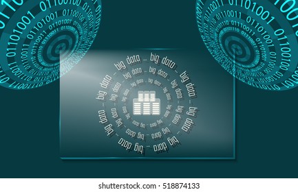 Two abstract circles with binary code and glass panel with big data icon