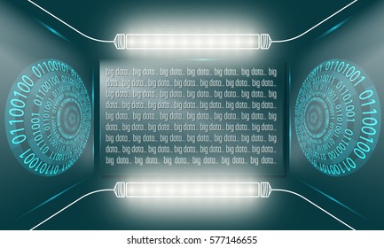 Two abstract circles with binary code and glass panel with the words big data and lights