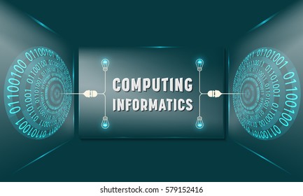 Two abstract circles with binary code and glass panel with the words computing, informatics