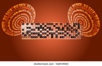 Two abstract circles with the words big data and glass panel with binary code