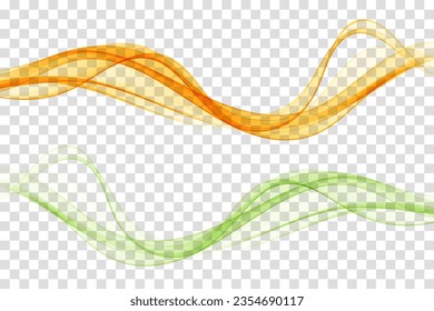 Dos ondas de color abstractas, diseño de flujo ondulado verde y naranja transparente.