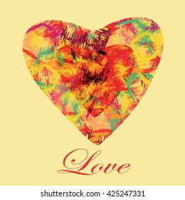 Two abstract colorful hearts on beige  background with sign