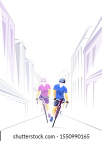 Two abstract cyclists riding on urban street with modern buildings, stylized vector illustration in geometric style, concept of active lifestyle and motion.