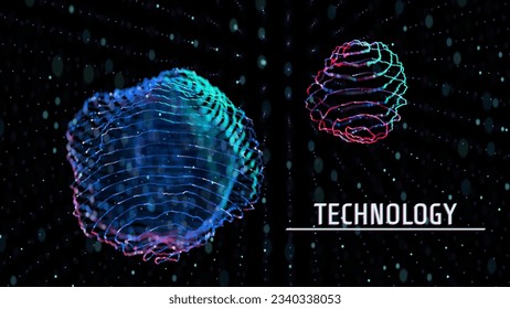 Dos esferas abstractas y deformadas de fondo iluminadas con puntos brillantes. Rodeado por una cuadrícula 3D de puntos azules. Bokeh anamorfo. Representación abstracta de procesos biológicos o químicos biológicos o tecnológicos.