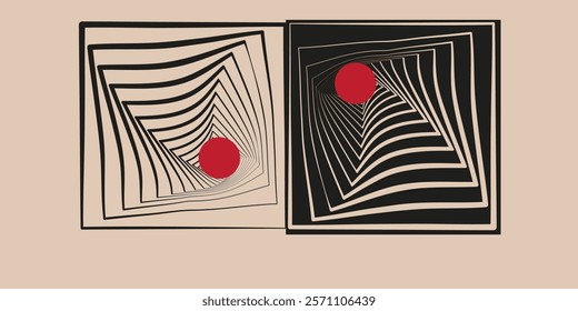 Two abstract designs with concentric squares and red circles, one on a light background, the other on a dark background. Bauhaus composition.