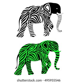 Two abstract elephants, monochrome and colored. Vector illustration