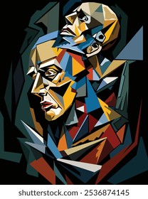 Two abstract  faces , composed of geometric shapes and vibrant colors. The use of overlapping triangles and rectangles creates a sense of depth and interaction between the faces. Split personality.